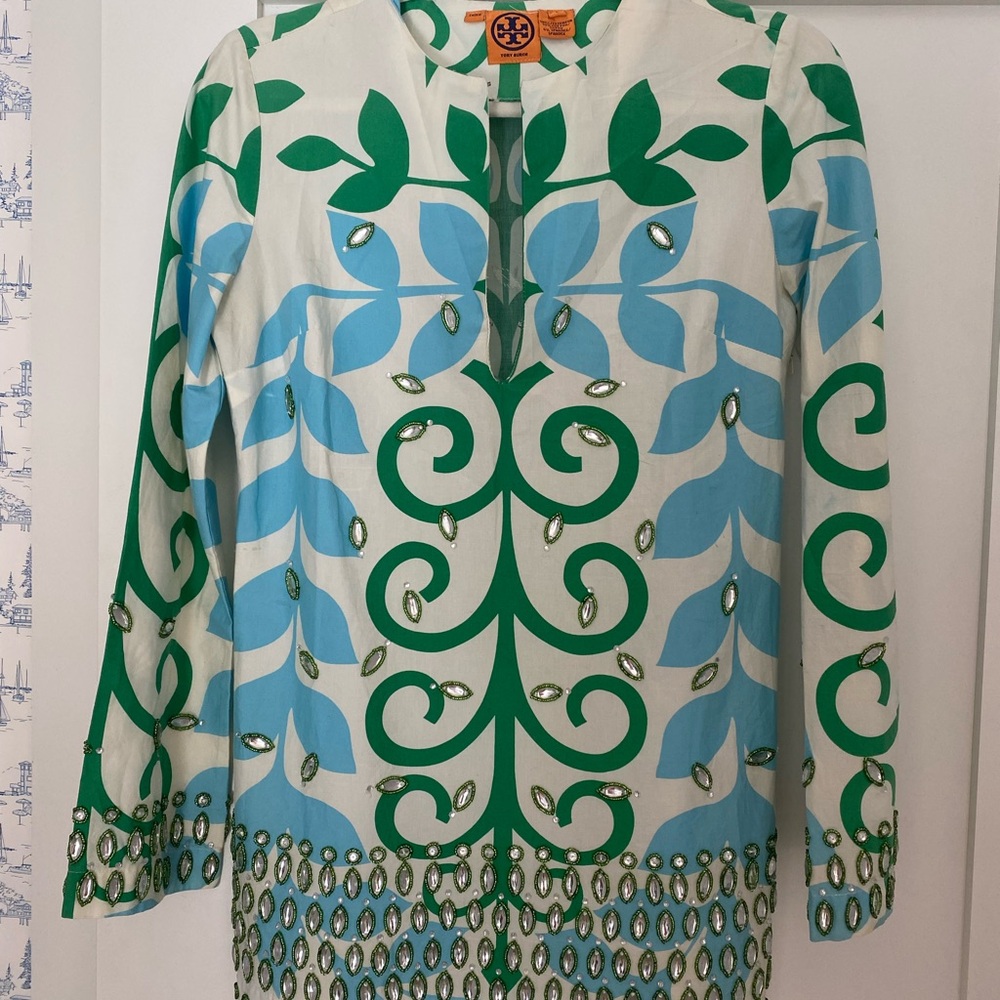 Tory Burch Green and Blue Patterned Mini Dress